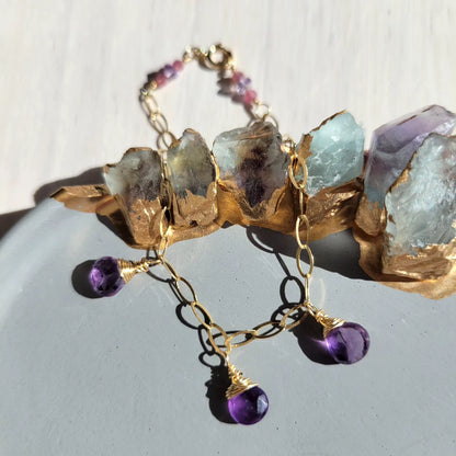 Handcrafted 14k Gold-Filled Gemstone Charm Bracelet with Amethyst &amp; Pink Tourmaline