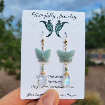 14k Gold-Filled Aquamarine Butterfly Handcrafted Earrings with Rainbow Moonstone &amp; Tourmaline