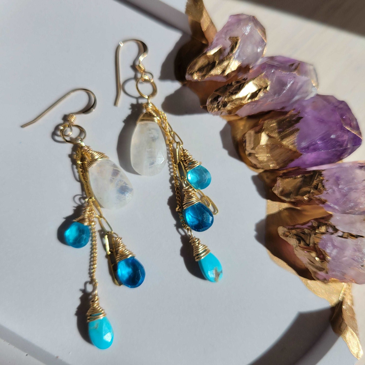 Handcrafted 14k Gold-Filled Rainbow Moonstone, Turquoise, &amp; Blue Zircon Earrings