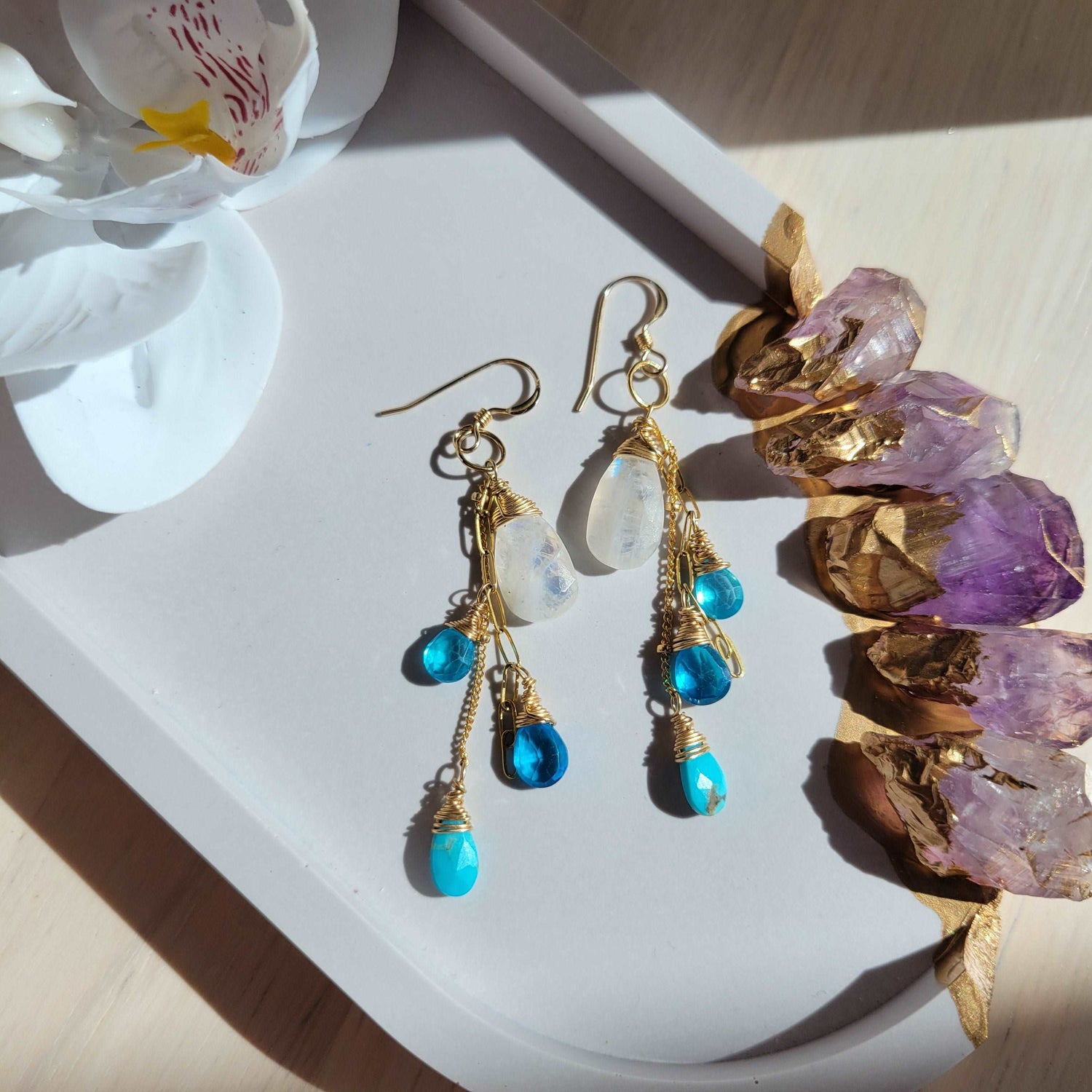 Handcrafted 14k Gold-Filled Rainbow Moonstone, Turquoise, &amp; Blue Zircon Earrings