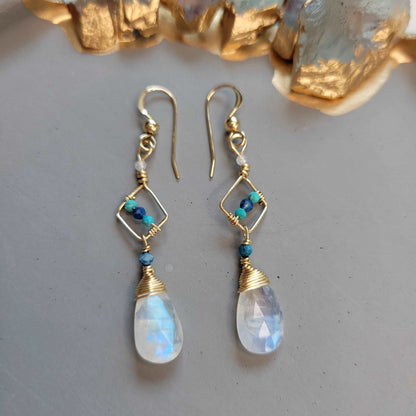 Handcrafted Hammered 14k Gold-Filled, Arizona Turquoise, Chrysoella, &amp; Rainbow Moonstone Earrings