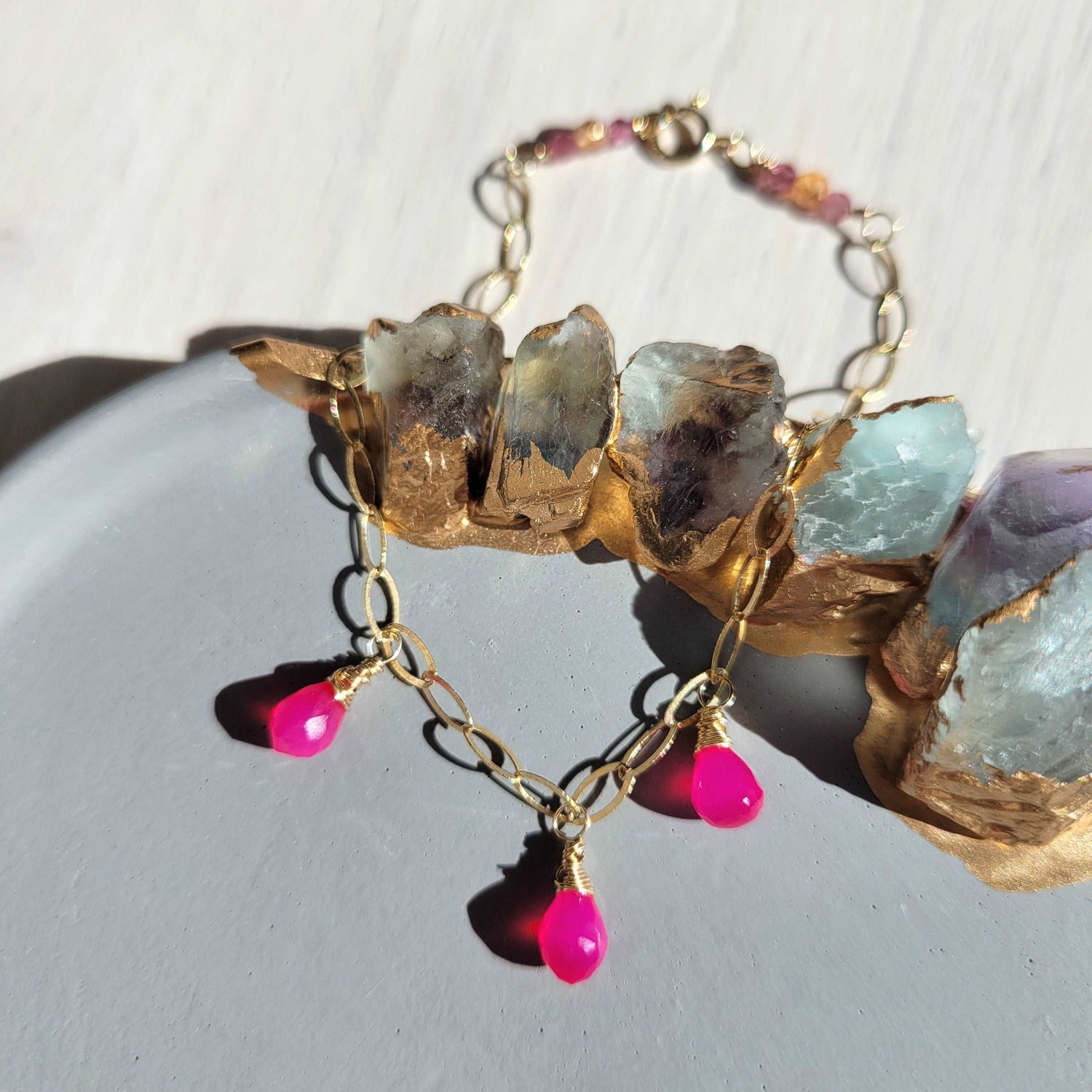 Handcrafted 14k Gold-Filled Pink Chalcedony Gemstone Charm Bracelet with Pink Tourmaline &amp; Orange Sapphires