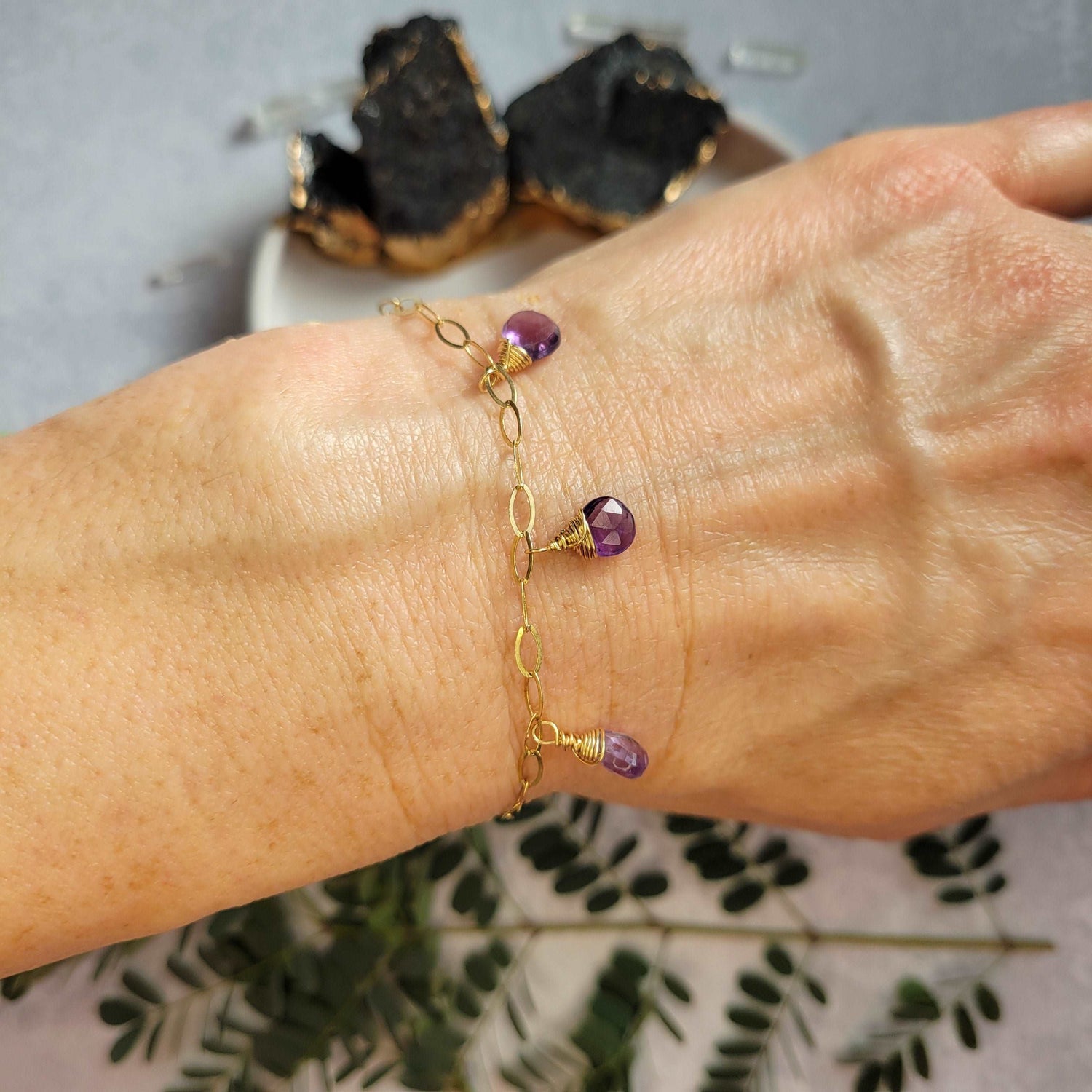 Handcrafted 14k Gold-Filled Gemstone Charm Bracelet with Amethyst &amp; Pink Tourmaline