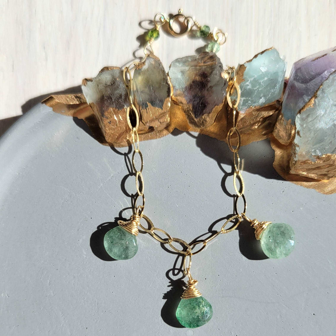 Handcrafted 14k Gold-Filled Green Strawberry Quartz Gemstone Charm Bracelet with Shaded Green Tourmaline