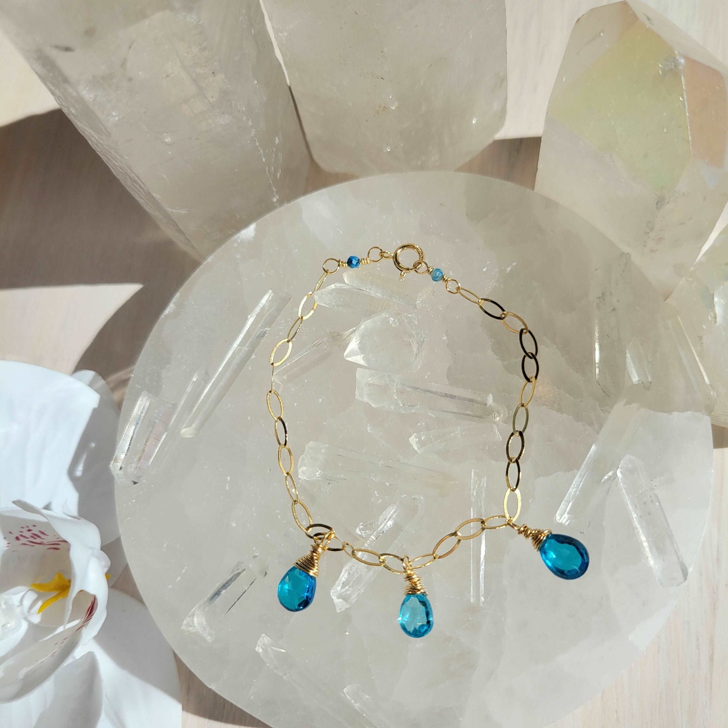 Handcrafted 14k Gold-Filled Gemstone Charm Bracelet with Blue Zircon &amp; Chrysocolla