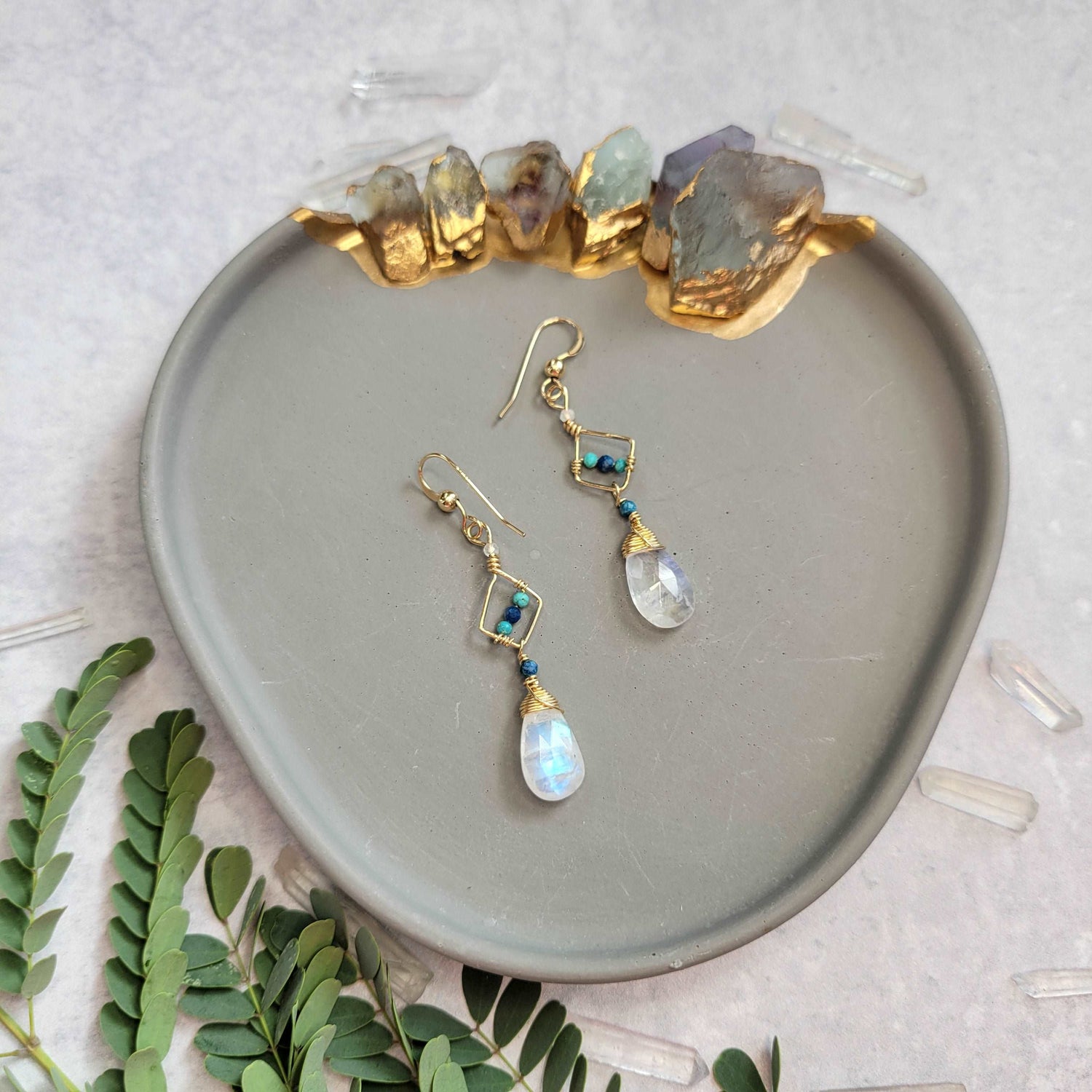 Handcrafted Hammered 14k Gold-Filled, Arizona Turquoise, Chrysoella, &amp; Rainbow Moonstone Earrings