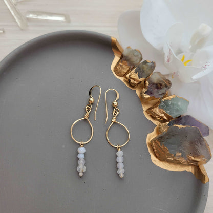 Dainty Handcrafted 14K Gold-Filled Blue Lace Agate &amp; Rainbow Moonstone Earrings