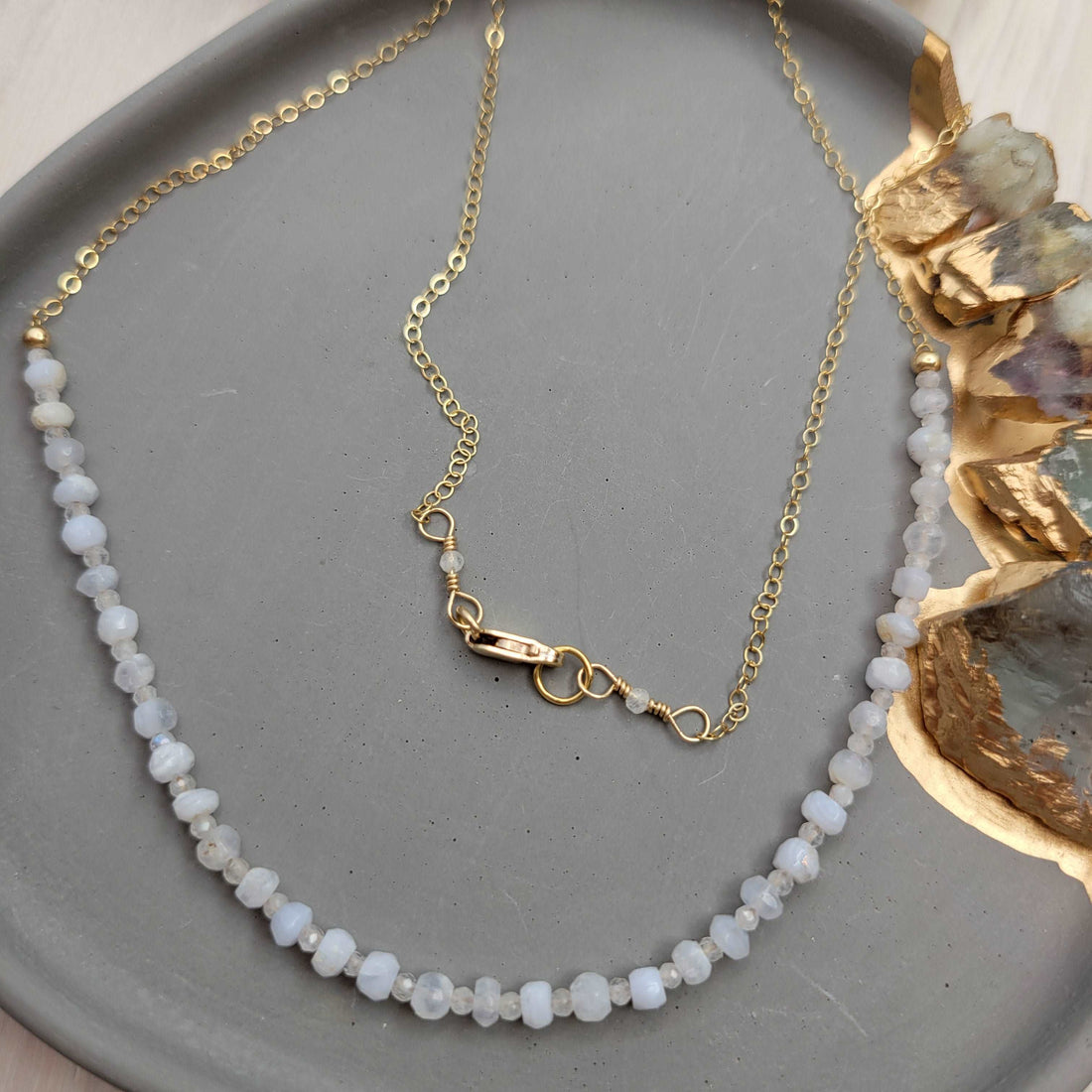 24&quot; 14k Gold-Filled Handcrafted Blue Lace Agate &amp; Rainbow Moonstone Dainty Necklace