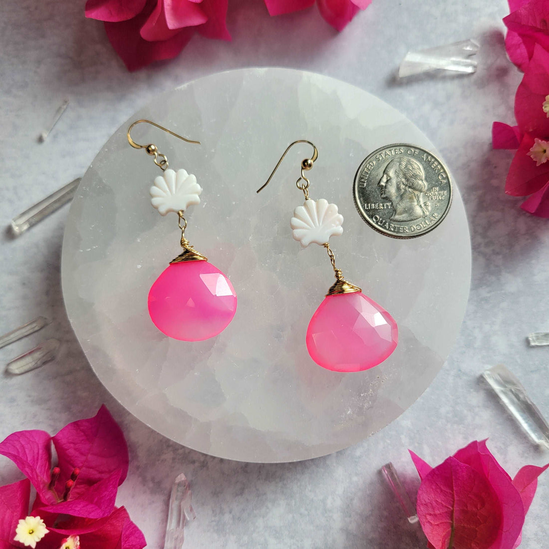 14k Gold-Filled Clam Shell &amp; Pink Chalcedony Earrings