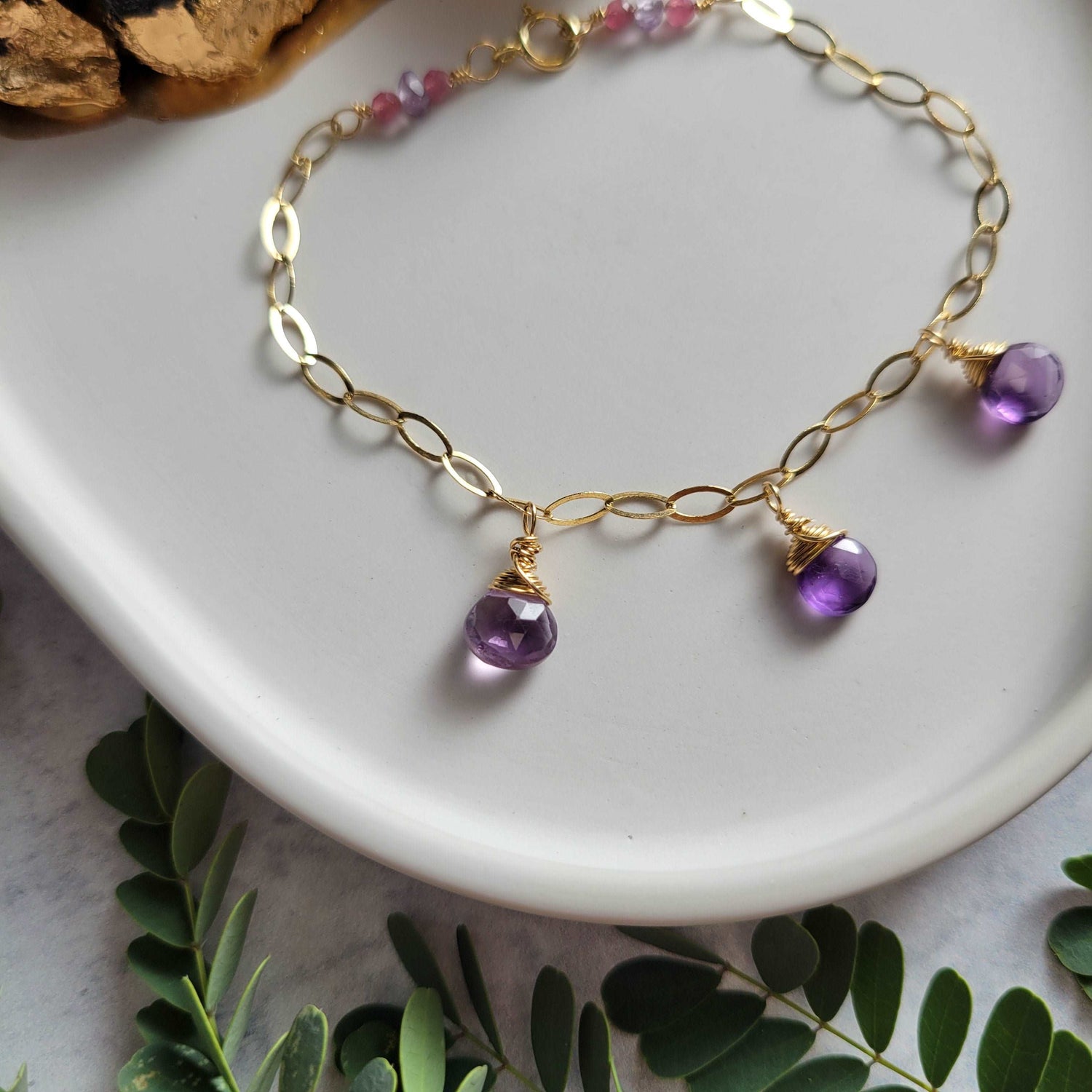 Handcrafted 14k Gold-Filled Gemstone Charm Bracelet with Amethyst &amp; Pink Tourmaline