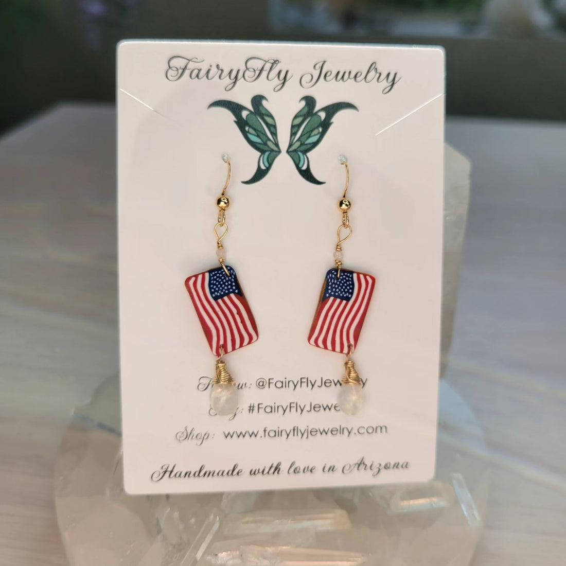 Handcrafted American Flag Polymer &amp; 14k Gold-Filled Rainbow Moonstone Earrings