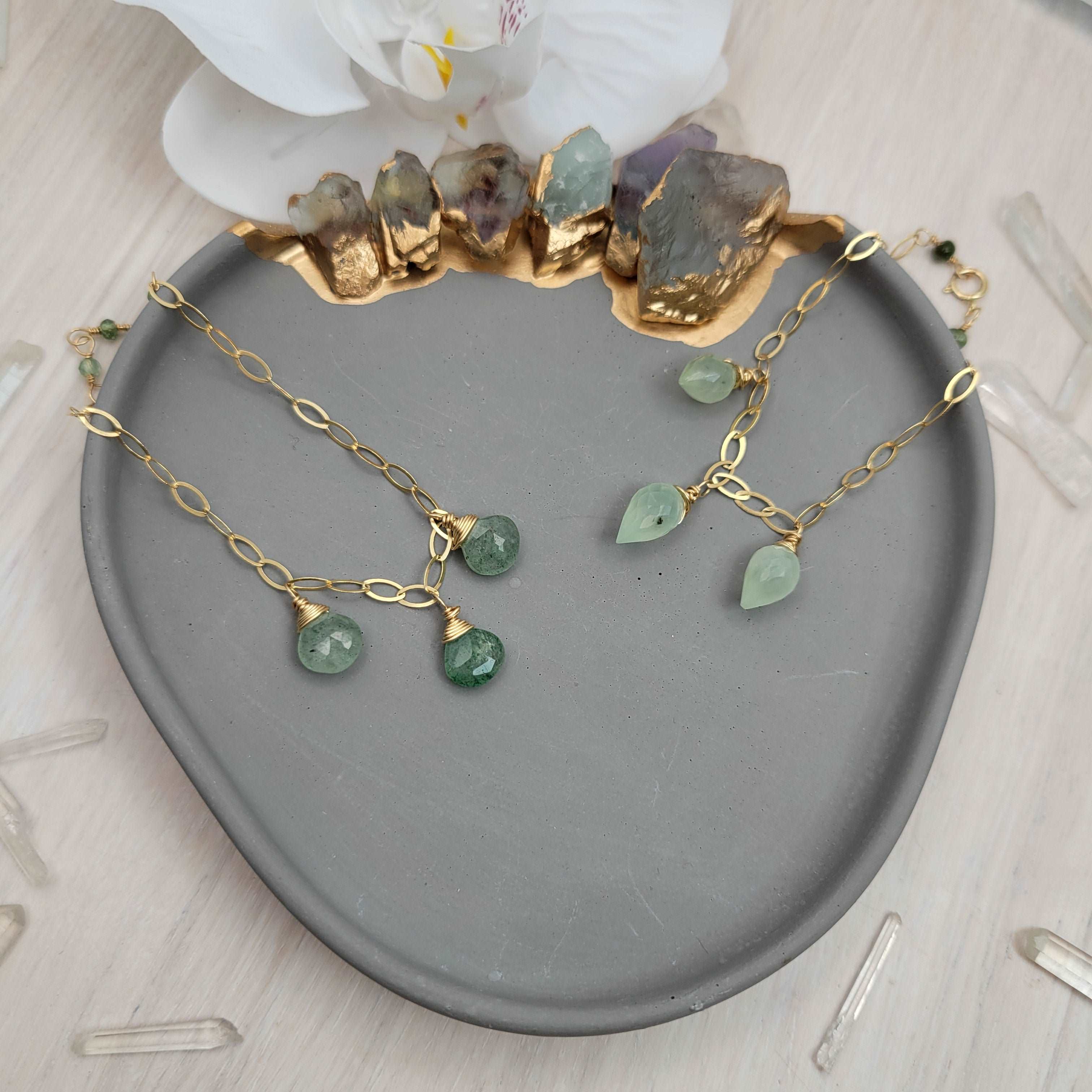 Handcrafted 14k Gold-Filled Green Strawberry Quartz Gemstone Charm Bracelet with Shaded Green Tourmaline