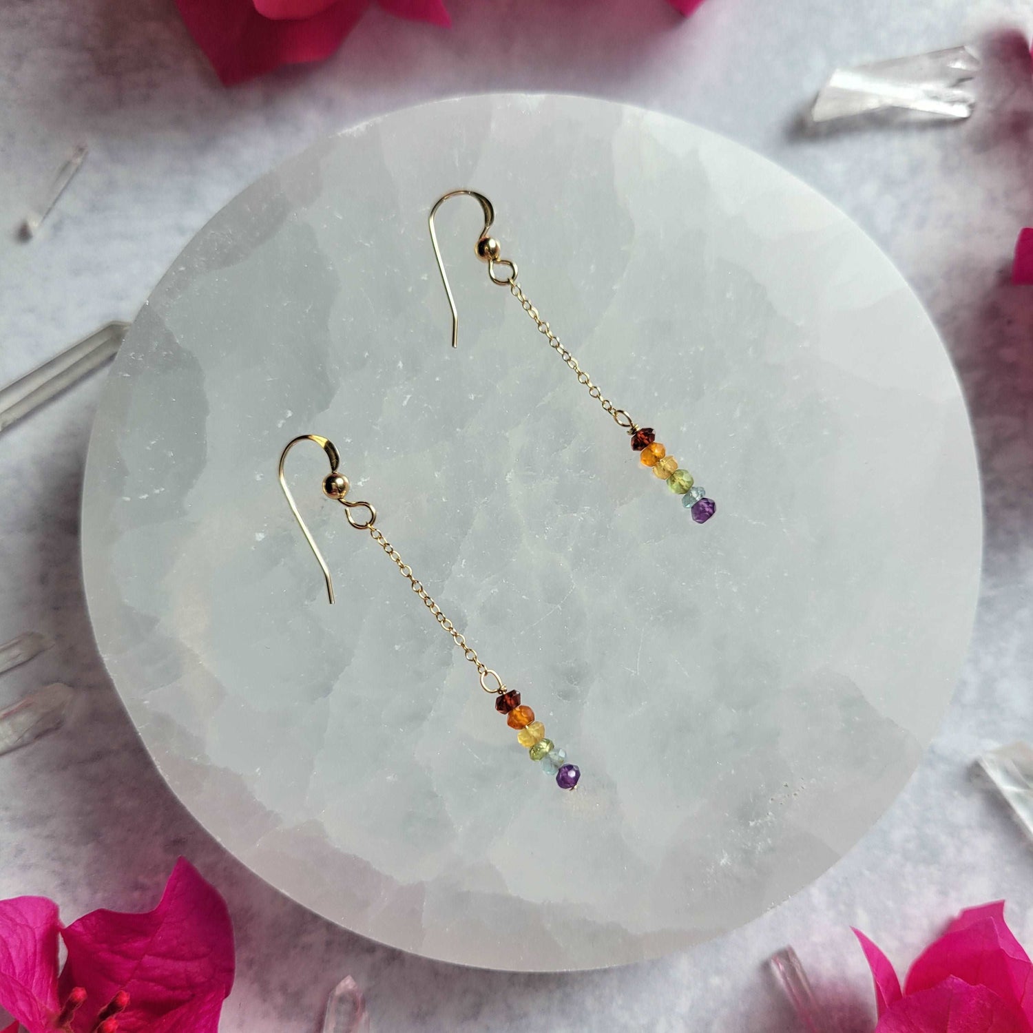 Handcrafted 14k Gold-Filled Chakra Pride Gemstone Chain Dangle Dainty Earrings