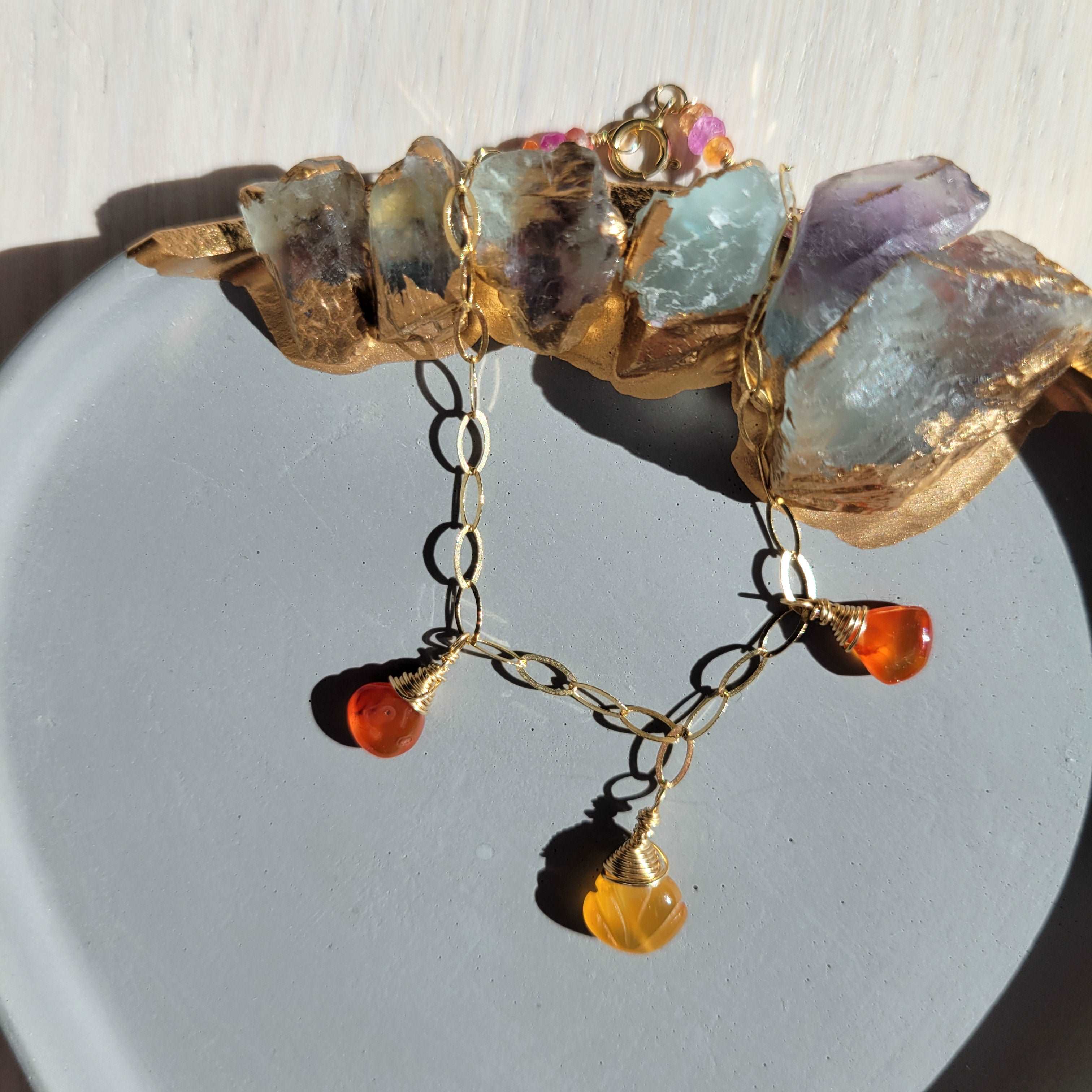 Handcrafted 14k Gold-Filled Carnelian Gemstone Charm Bracelet with Orange &amp; Pink Sapphires