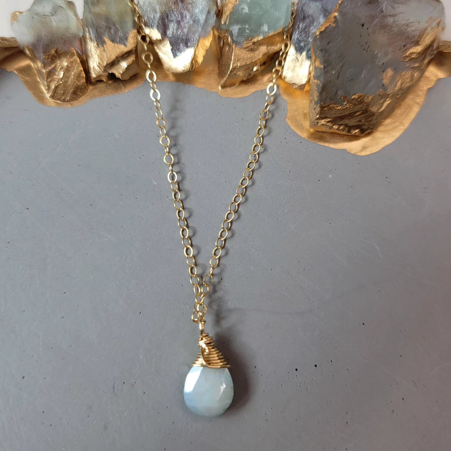 14k Gold-Filled 20&quot; Blue Moonstone Bridal Necklace with Blue Opal Clasp Details