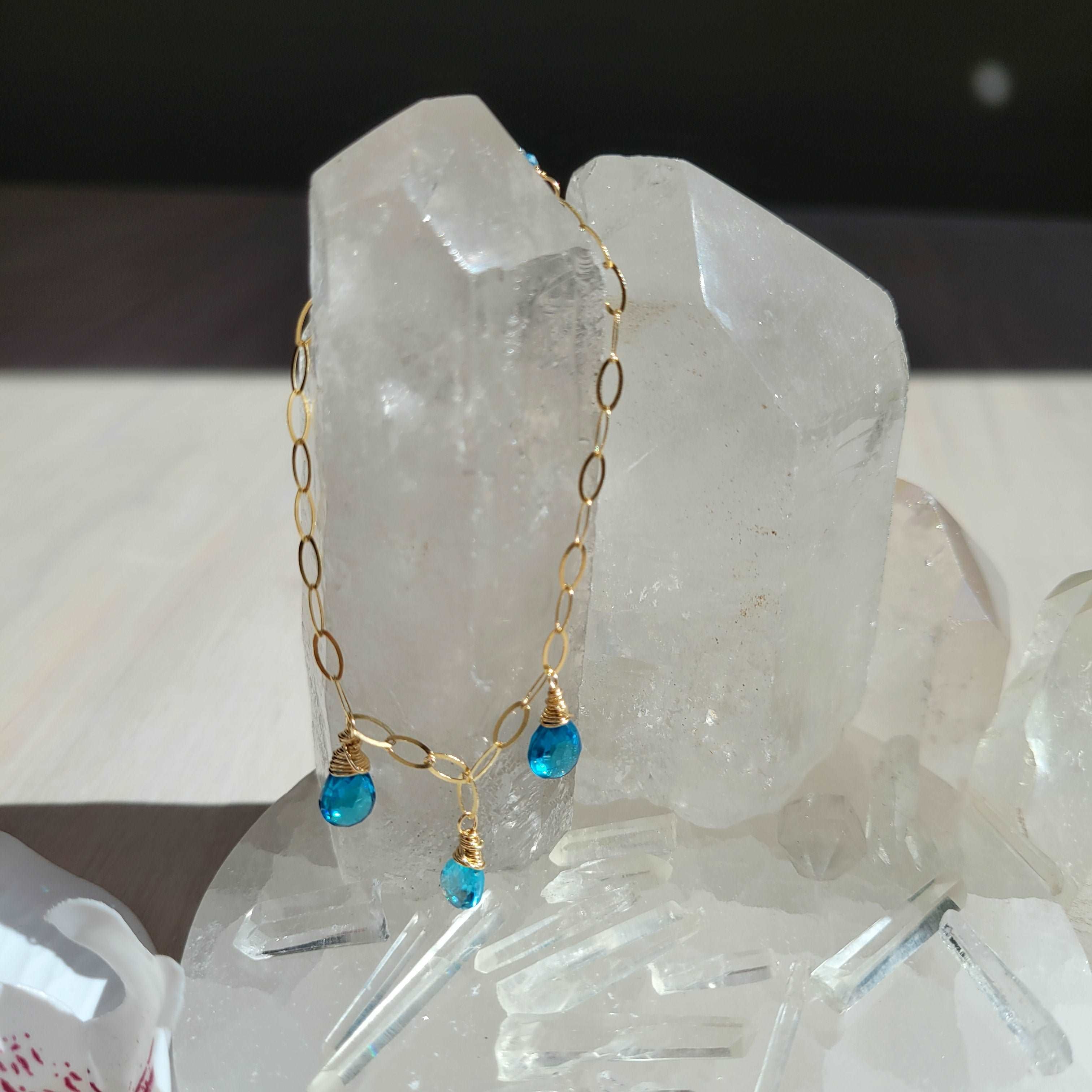 Handcrafted 14k Gold-Filled Gemstone Charm Bracelet with Blue Zircon &amp; Chrysocolla