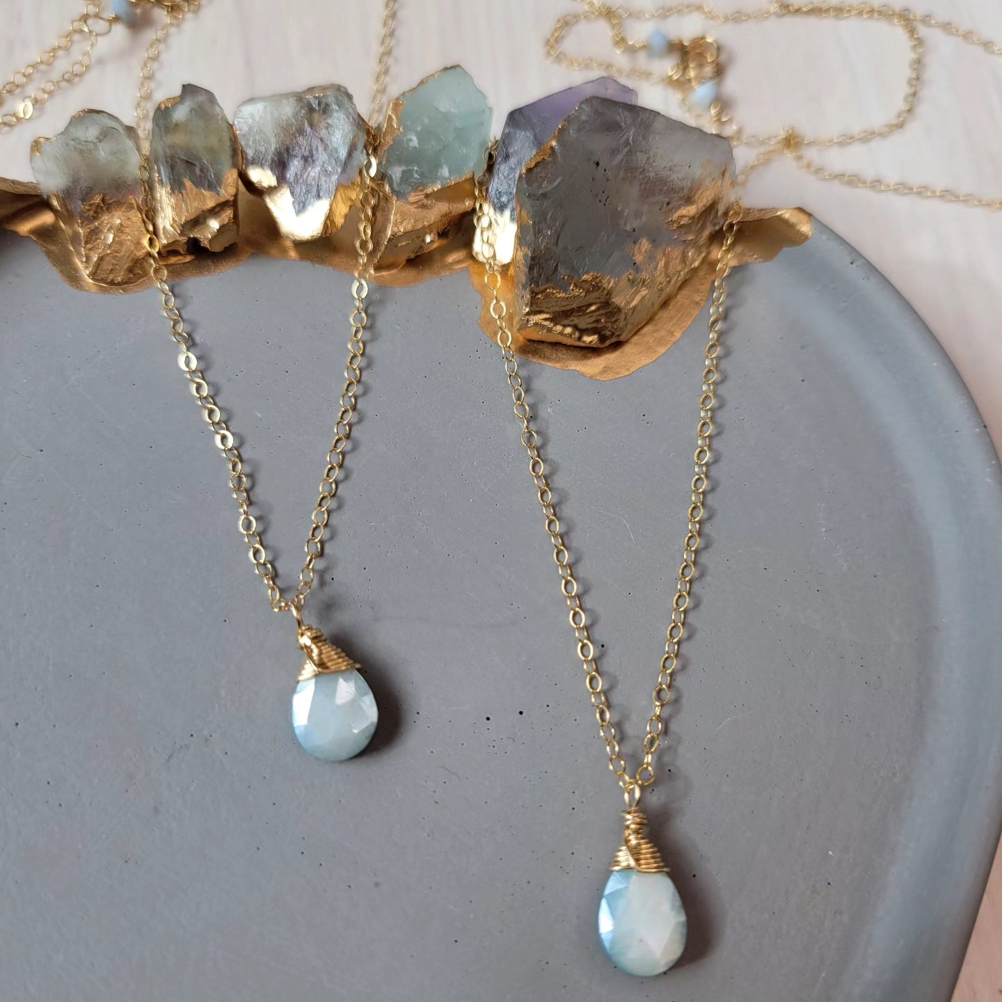 14k Gold-Filled 20&quot; Blue Moonstone Bridal Necklace with Blue Opal Clasp Details