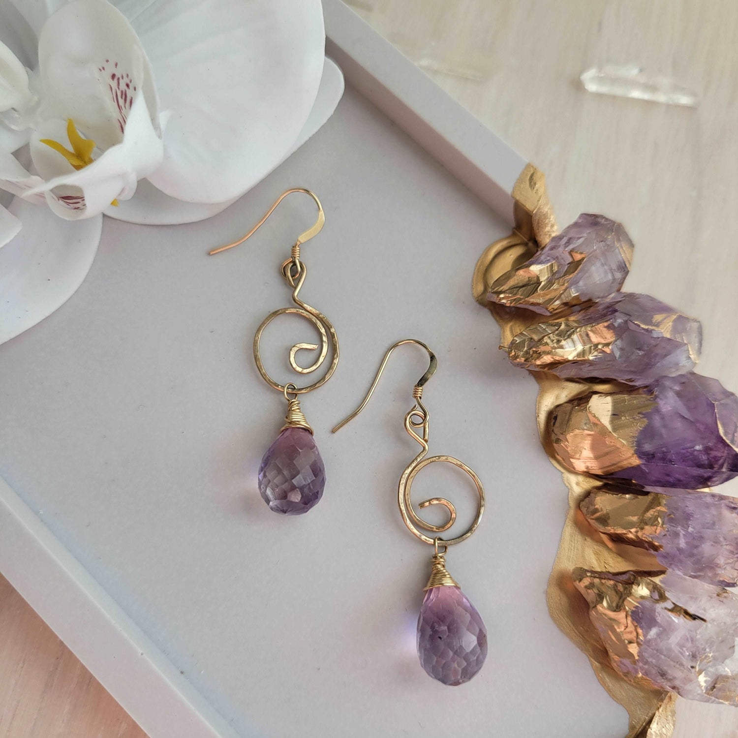 Hammered 14k Gold-Filled Yin-Yang Earring with Ametrine