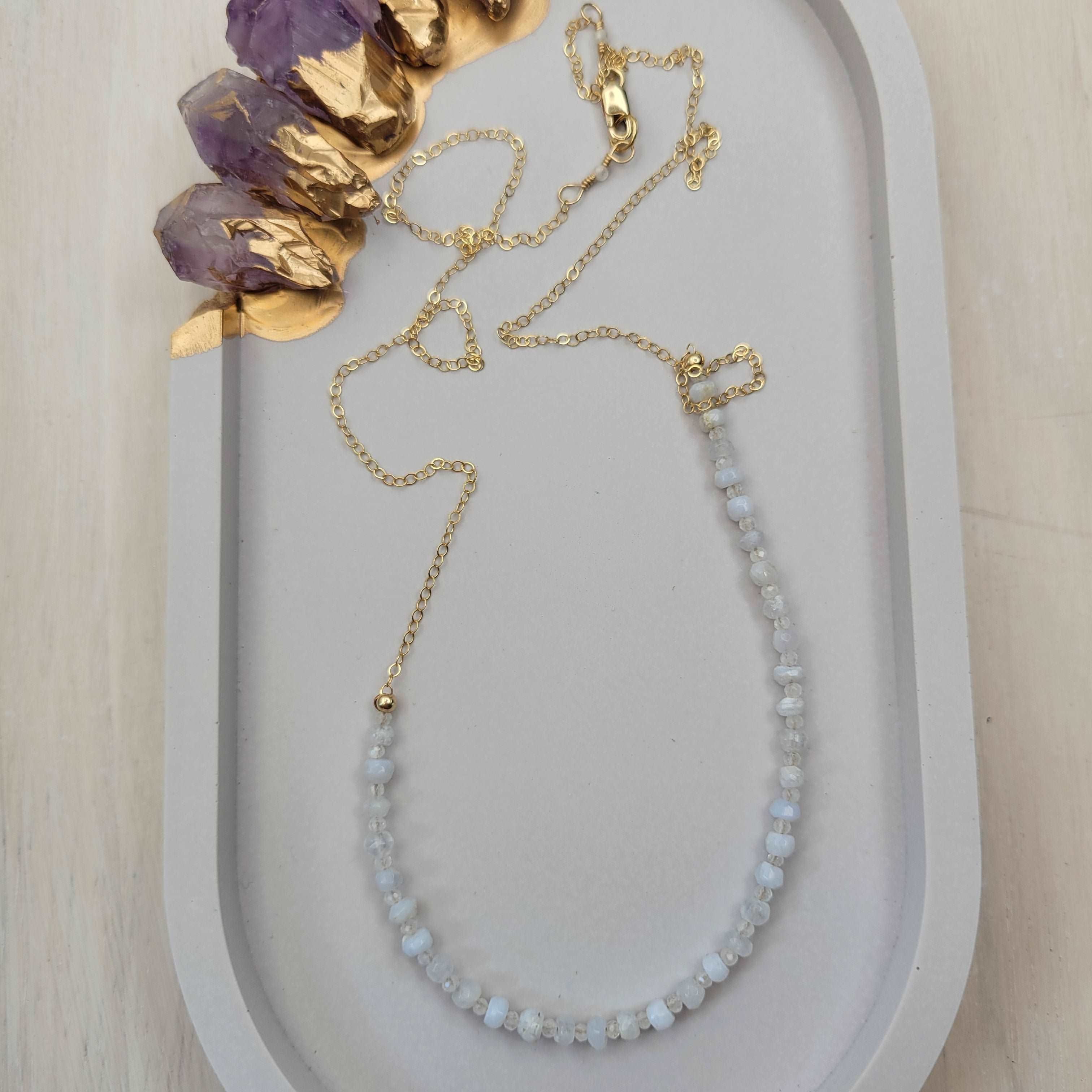 24&quot; 14k Gold-Filled Handcrafted Blue Lace Agate &amp; Rainbow Moonstone Dainty Necklace