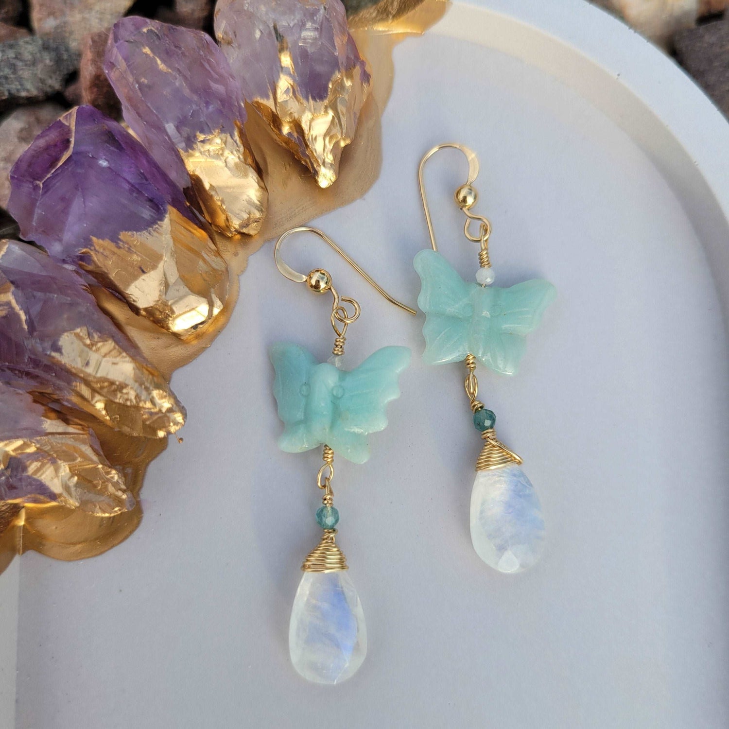 14k Gold-Filled Aquamarine Butterfly Handcrafted Earrings with Rainbow Moonstone &amp; Tourmaline