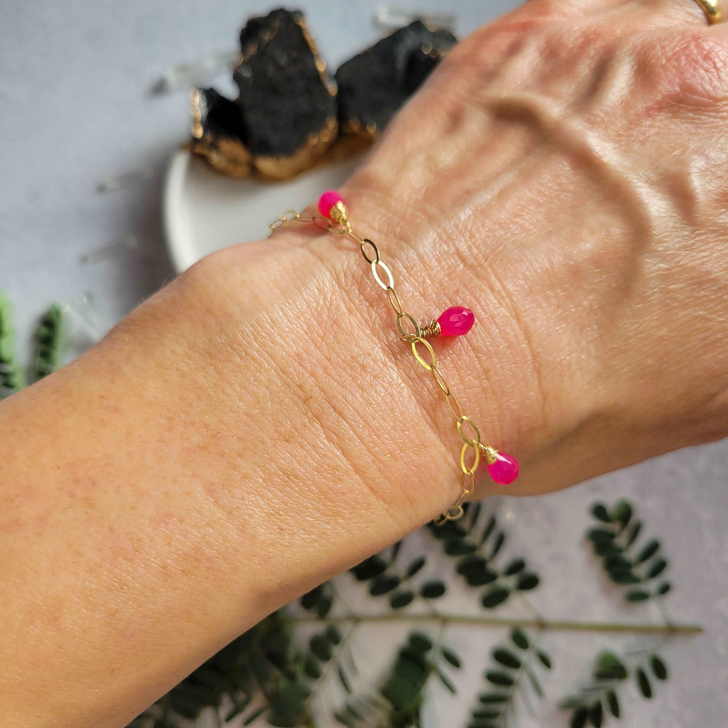 Handcrafted 14k Gold-Filled Pink Chalcedony Gemstone Charm Bracelet with Pink Tourmaline &amp; Orange Sapphires