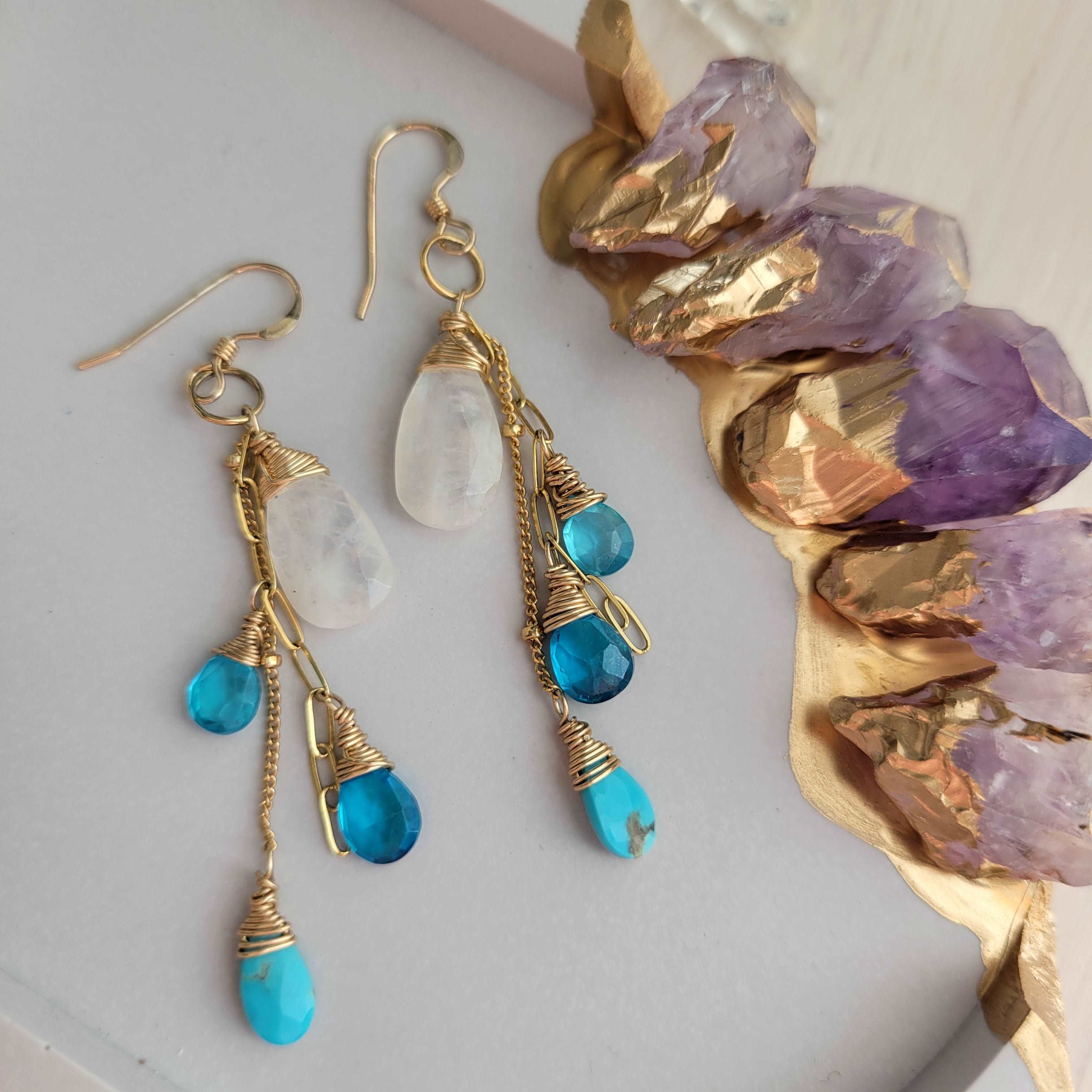 Handcrafted 14k Gold-Filled Rainbow Moonstone, Turquoise, &amp; Blue Zircon Earrings