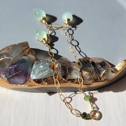 Handcrafted 14k Gold-Filled Prehinite Gemstone Charm Bracelet with Green Tourmaline