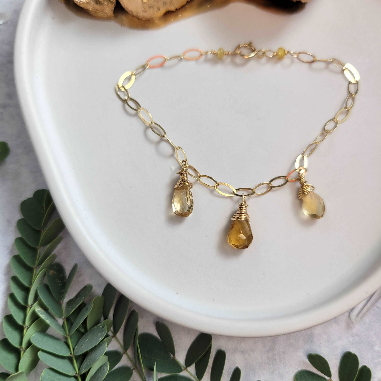 Handcrafted 14k Gold-Filled Citrine Gemstones Charm Bracelet with Yellow Sapphires