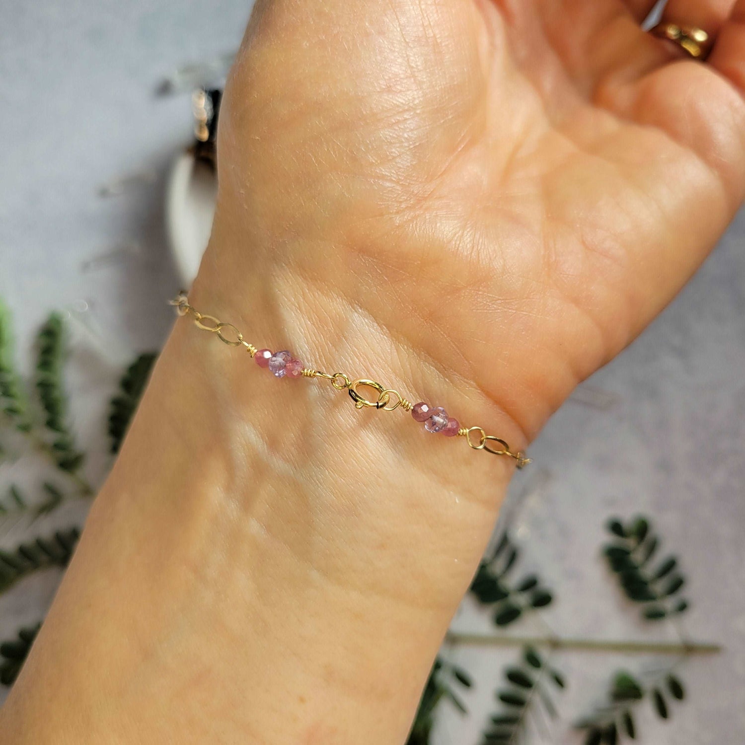 Handcrafted 14k Gold-Filled Gemstone Charm Bracelet with Amethyst &amp; Pink Tourmaline