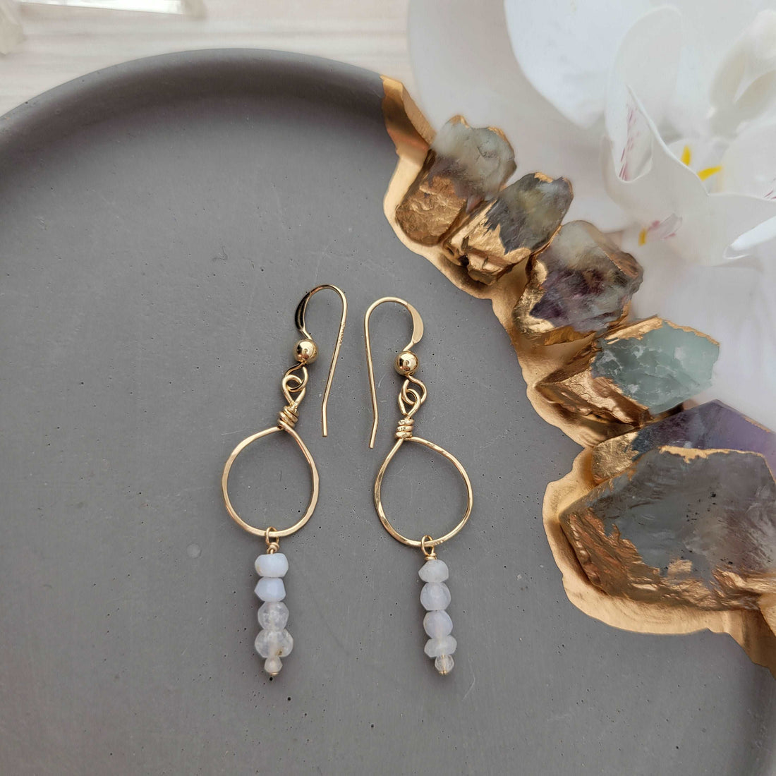 Dainty Handcrafted 14K Gold-Filled Blue Lace Agate &amp; Rainbow Moonstone Earrings