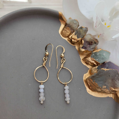 Dainty Handcrafted 14K Gold-Filled Blue Lace Agate &amp; Rainbow Moonstone Earrings