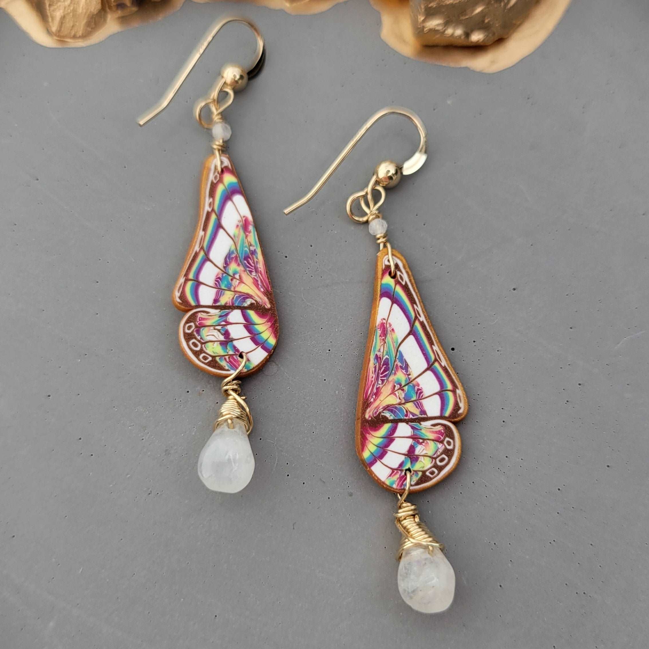 14k Gold-Filled Handcrafted Butterfly Polymer Rainbow Pride Earrings with Rainbow Moonstone Gemstones