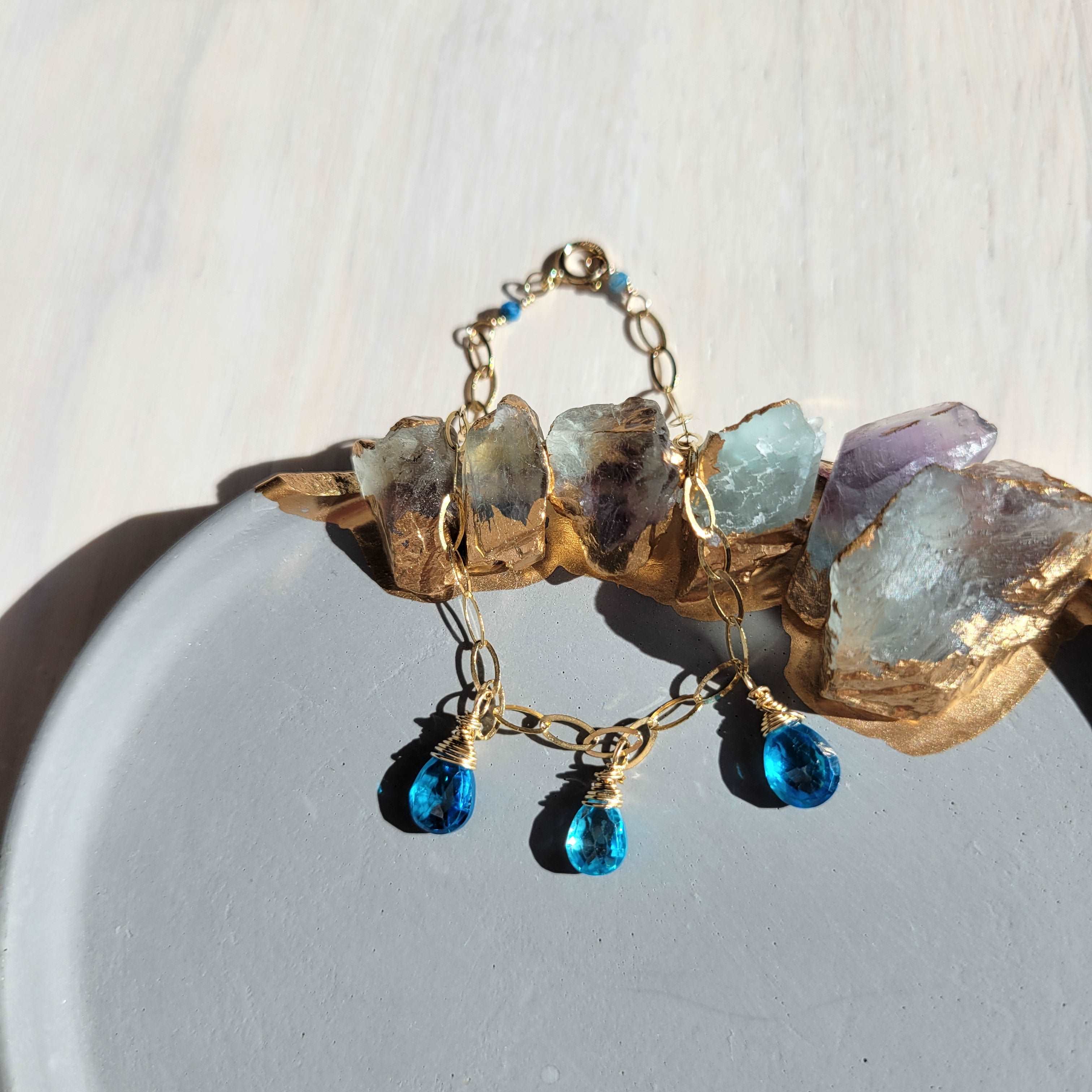 Handcrafted 14k Gold-Filled Gemstone Charm Bracelet with Blue Zircon &amp; Chrysocolla