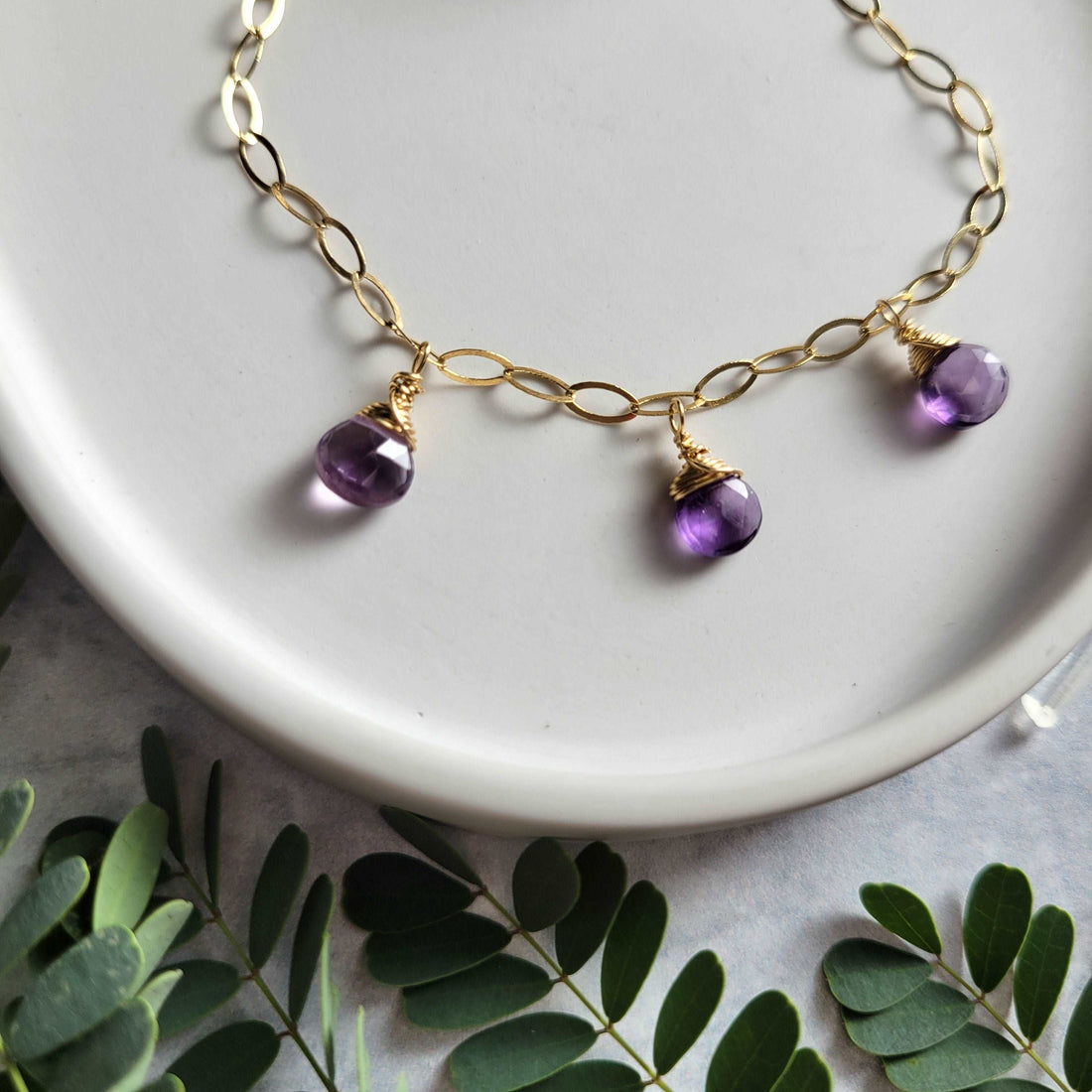 Handcrafted 14k Gold-Filled Gemstone Charm Bracelet with Amethyst &amp; Pink Tourmaline