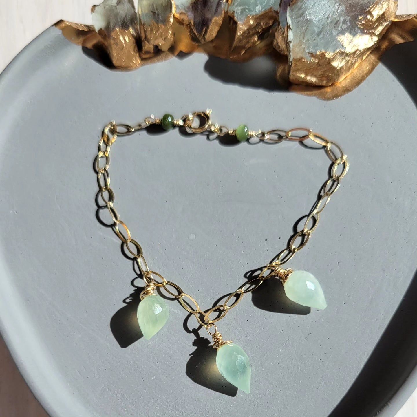 Handcrafted 14k Gold-Filled Prehinite Gemstone Charm Bracelet with Green Tourmaline