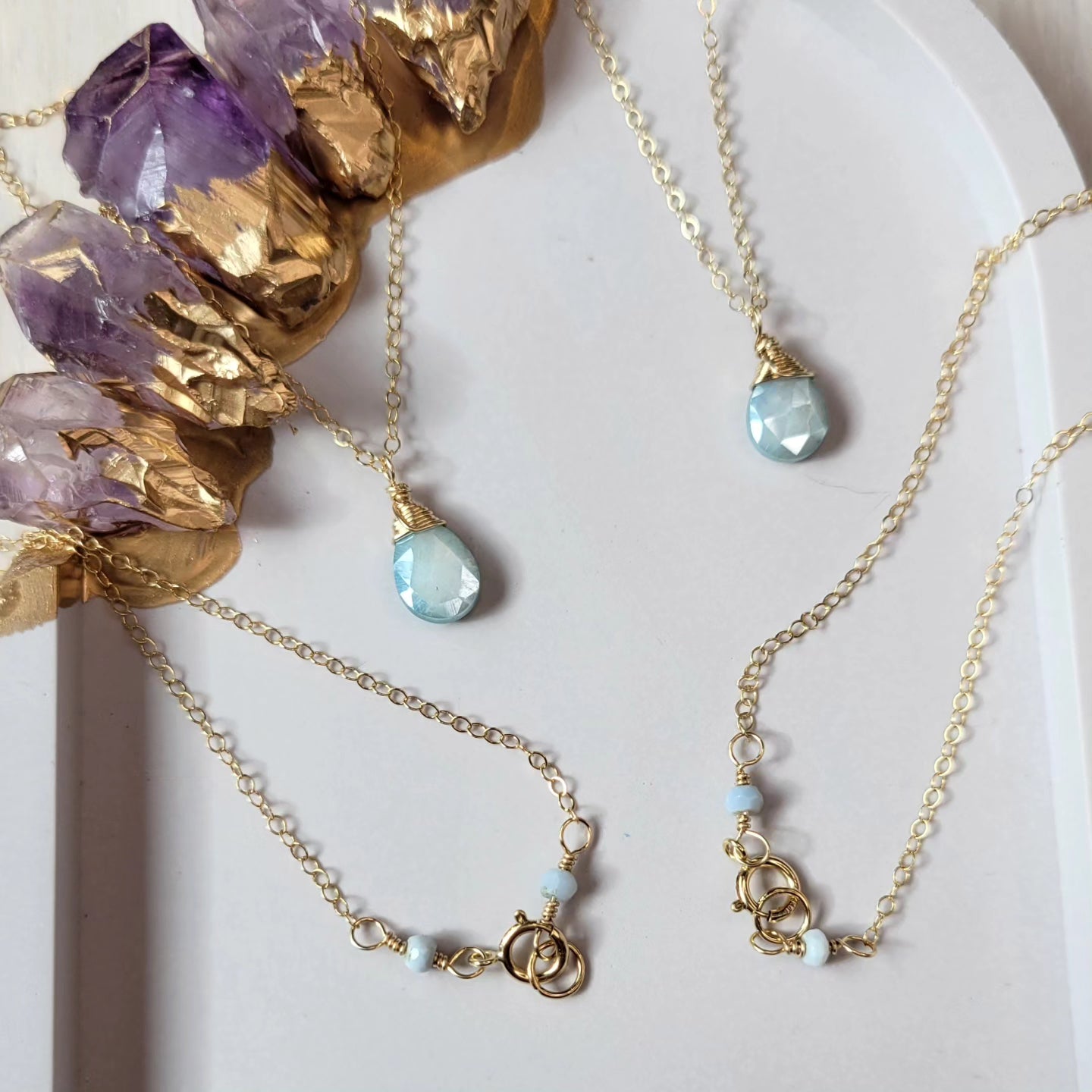 14k Gold-Filled 20&quot; Blue Moonstone Bridal Necklace with Blue Opal Clasp Details