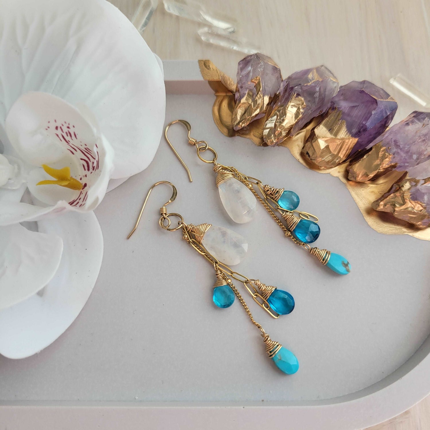 Handcrafted 14k Gold-Filled Rainbow Moonstone, Turquoise, &amp; Blue Zircon Earrings