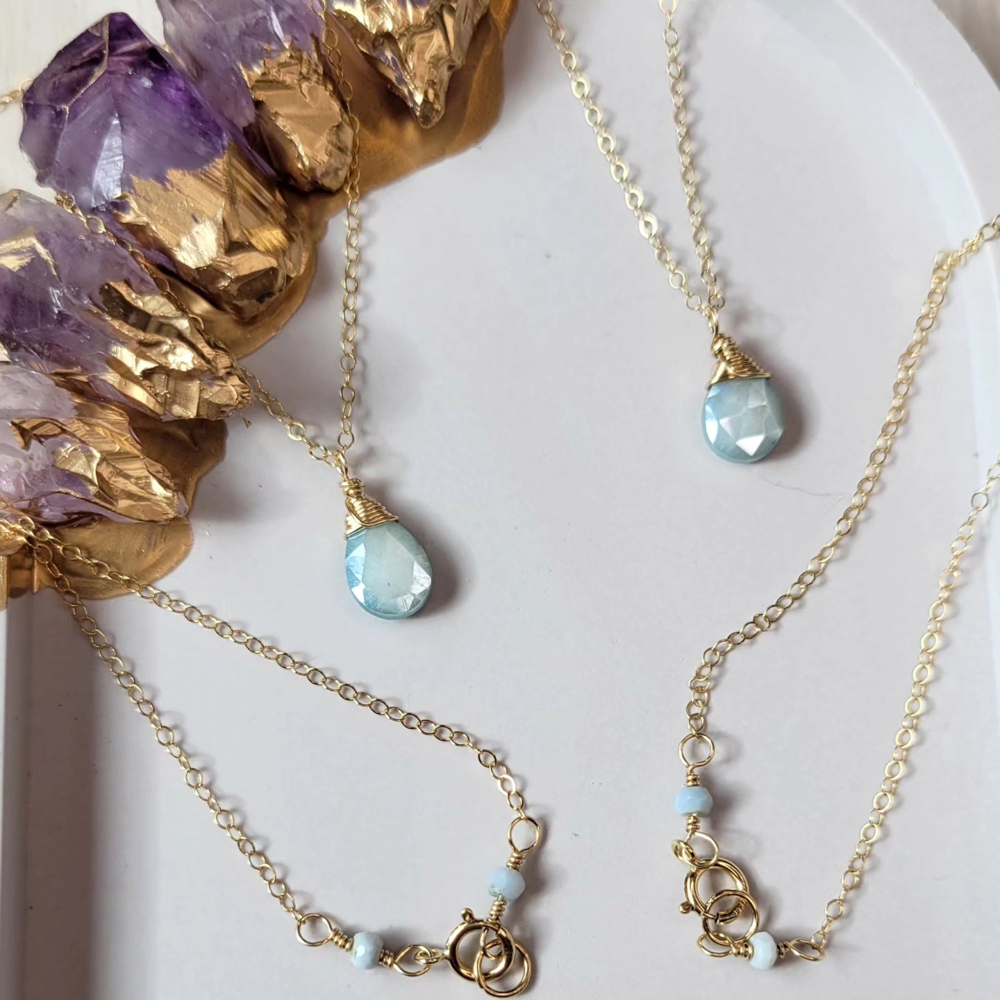 14k Gold-Filled 20&quot; Blue Moonstone Bridal Necklace with Blue Opal Clasp Details