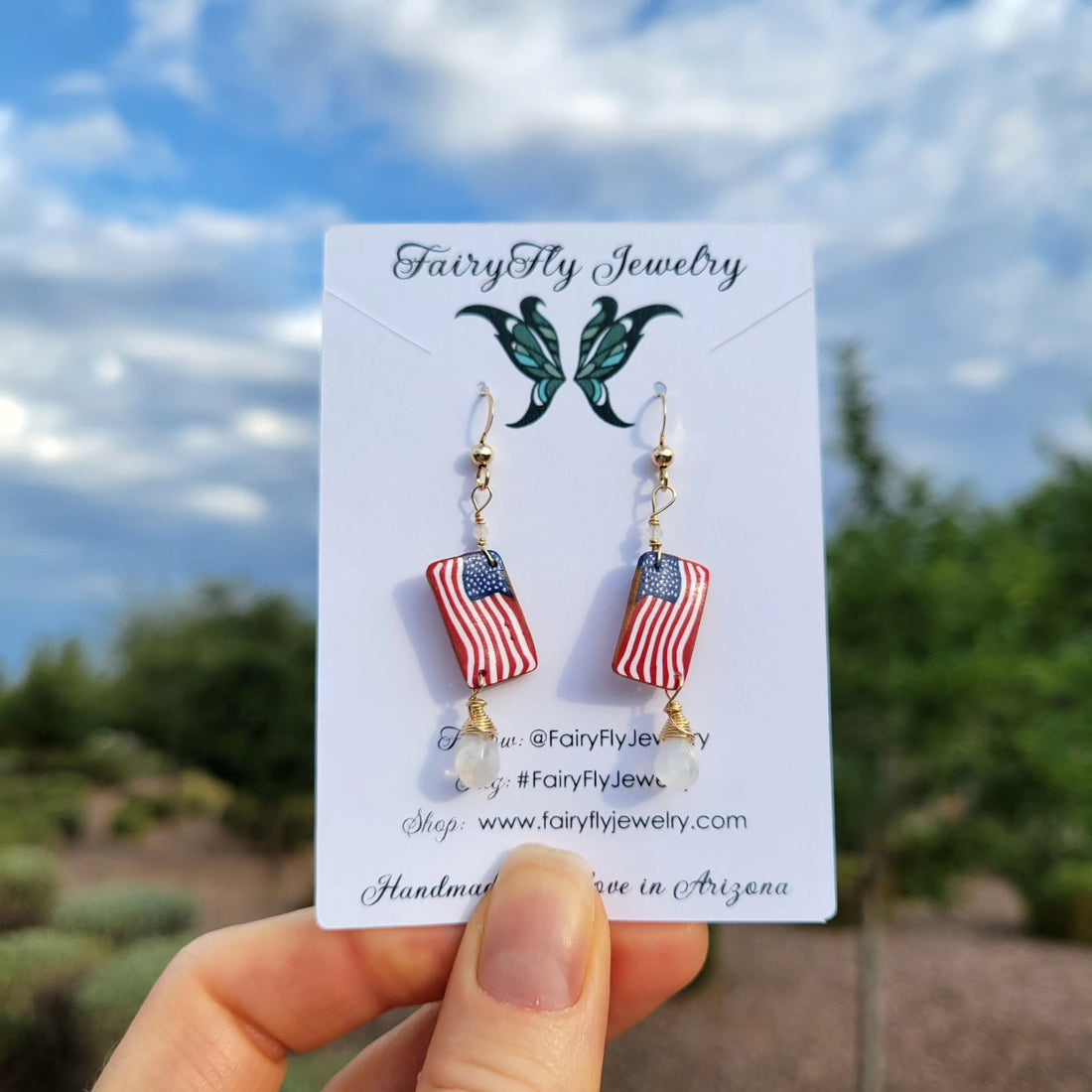 Handcrafted American Flag Polymer &amp; 14k Gold-Filled Rainbow Moonstone Earrings