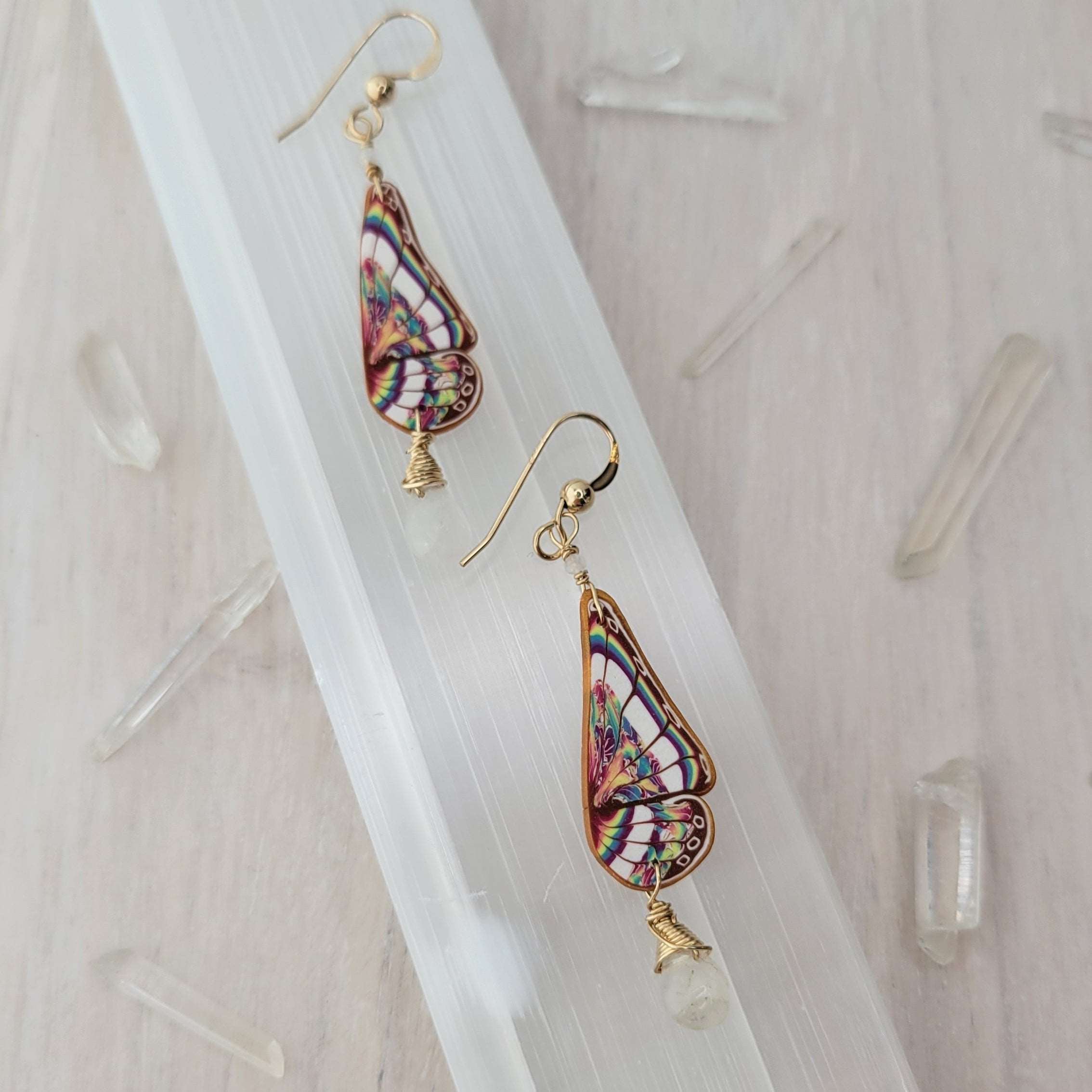 14k Gold-Filled Handcrafted Butterfly Polymer Rainbow Pride Earrings with Rainbow Moonstone Gemstones