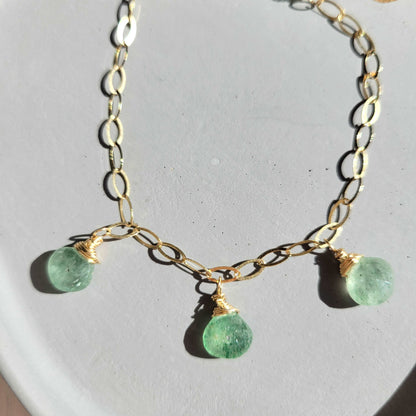 Handcrafted 14k Gold-Filled Green Strawberry Quartz Gemstone Charm Bracelet with Shaded Green Tourmaline