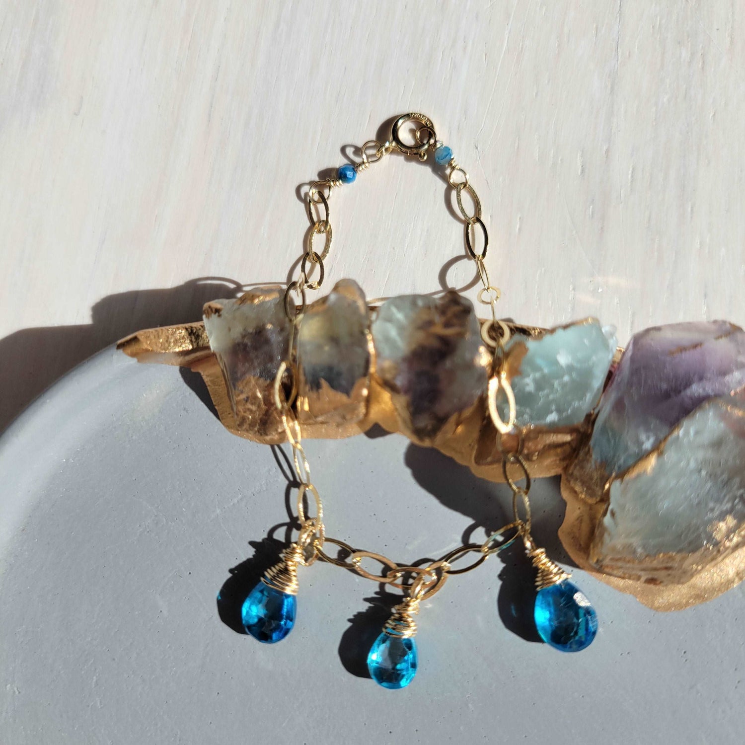 Handcrafted 14k Gold-Filled Gemstone Charm Bracelet with Blue Zircon &amp; Chrysocolla