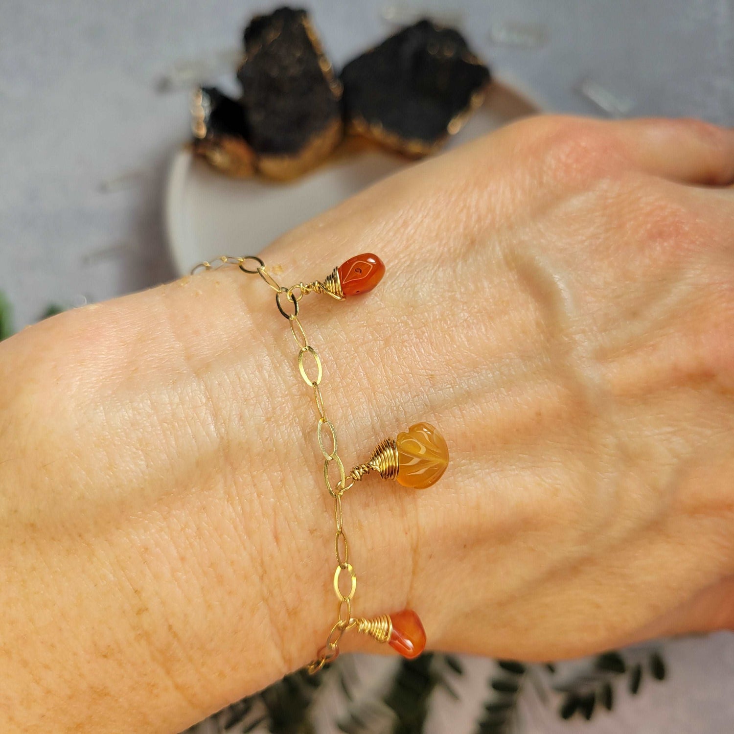 Handcrafted 14k Gold-Filled Carnelian Gemstone Charm Bracelet with Orange &amp; Pink Sapphires