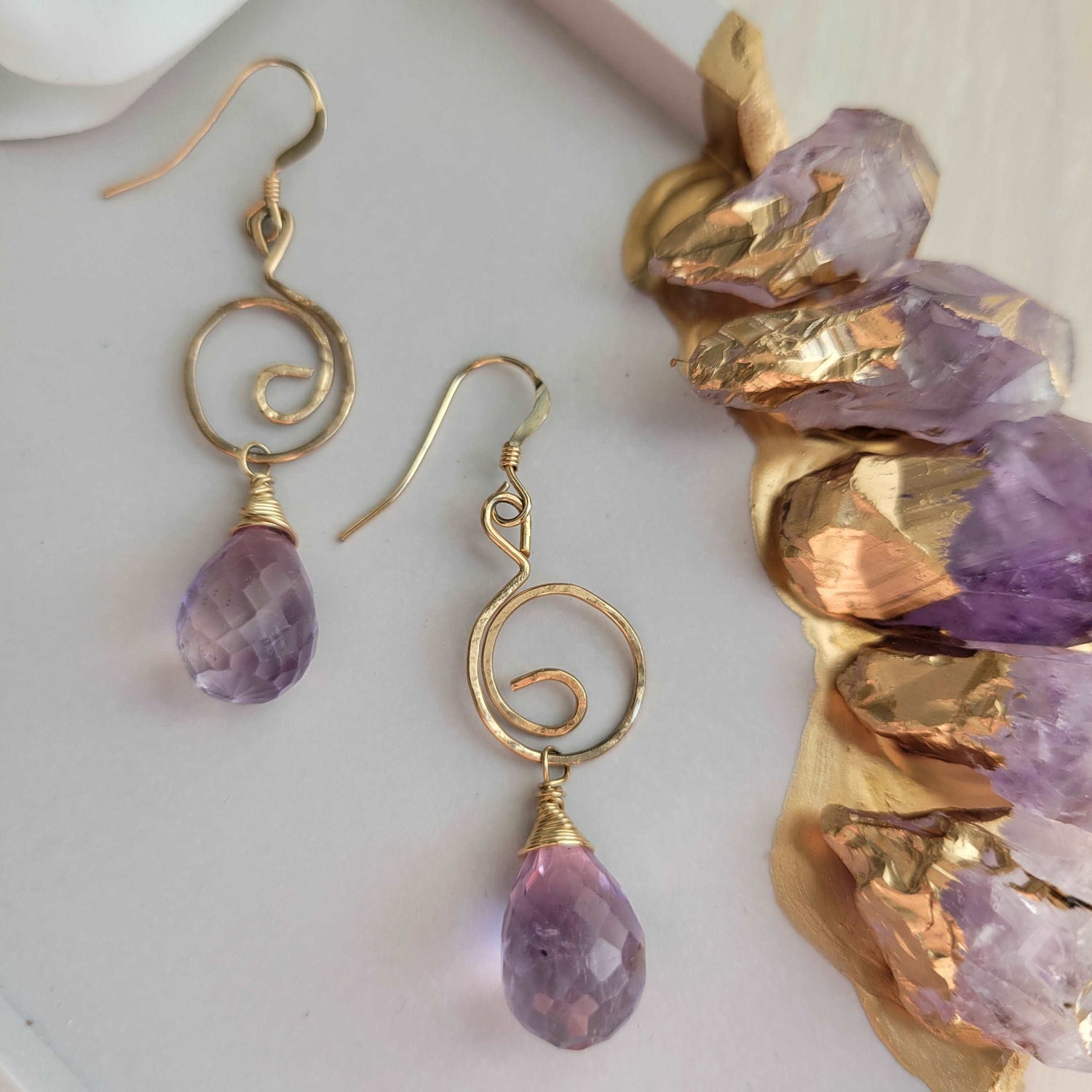 Hammered 14k Gold-Filled Yin-Yang Earring with Ametrine