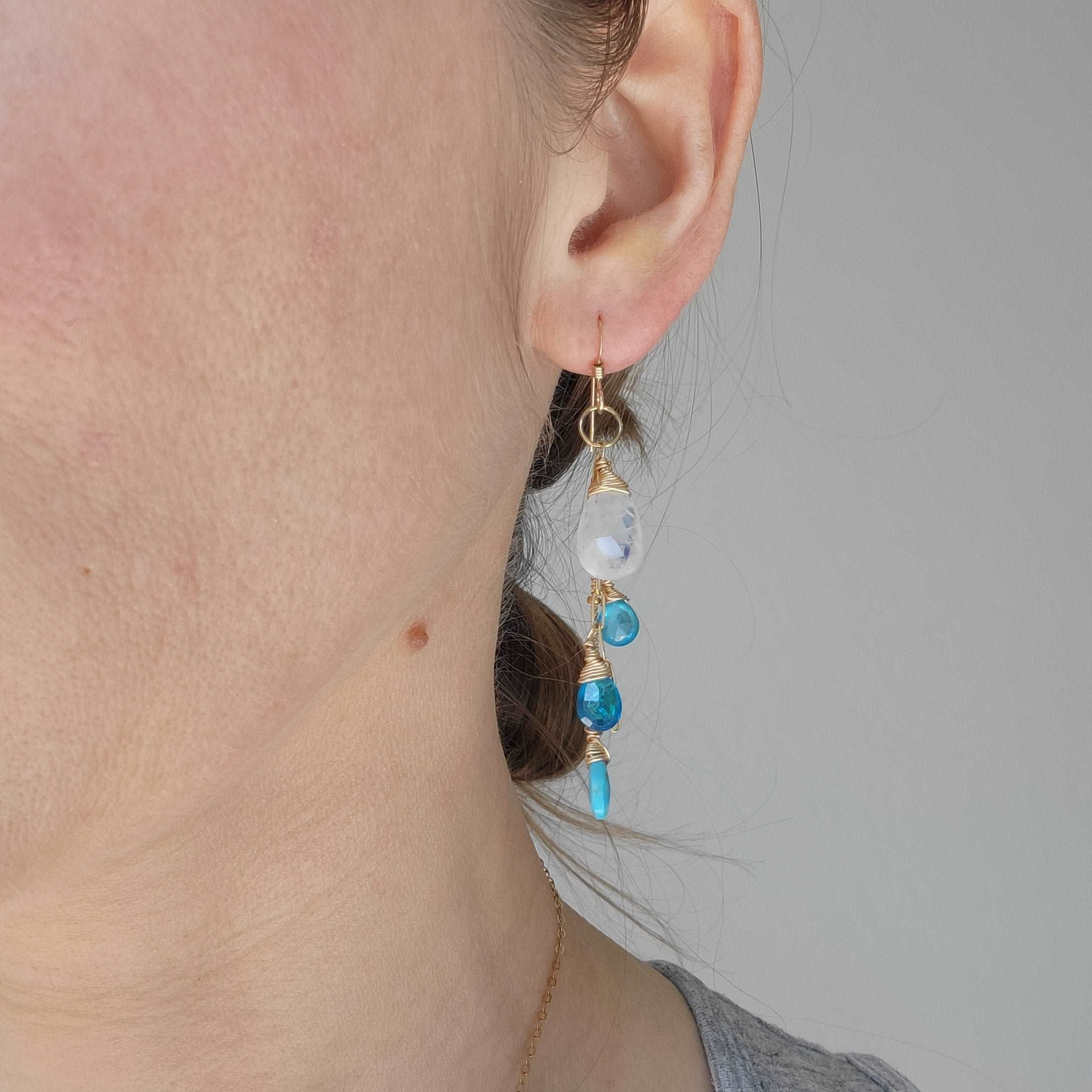 Handcrafted 14k Gold-Filled Rainbow Moonstone, Turquoise, &amp; Blue Zircon Earrings